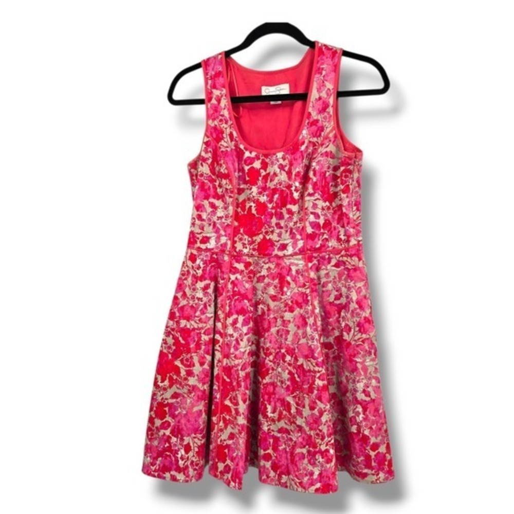 Jessica Simpson Floral Fit & Flare Party Dress Sleeveless Pink Gold Size 6